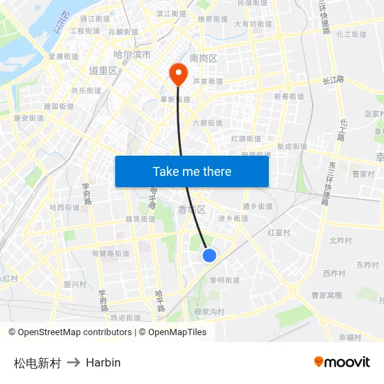 Songdian New Village to Harbin map