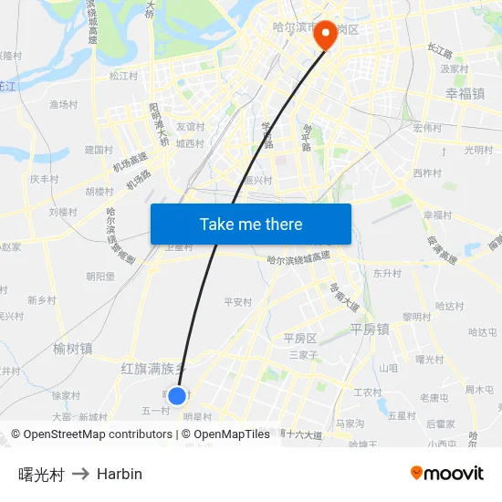 Dawn Village to Harbin map