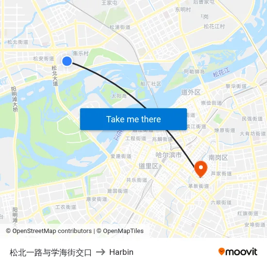 Songbei First Road & Xuehai Street Intersection to Harbin map