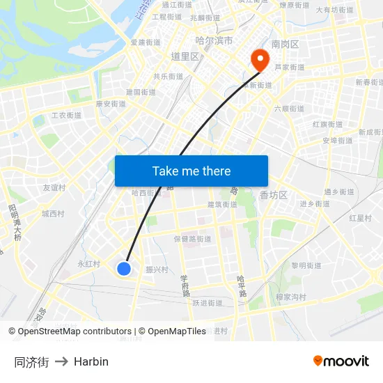 Tongji Street to Harbin map