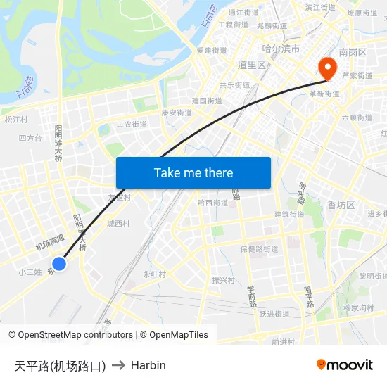 Tianping Road (Airport Road Intersection) to Harbin map