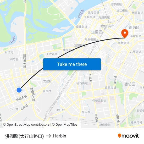 Honghu Road (Taihing Mountain Intersection) to Harbin map