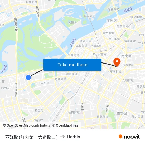 Lijiang Road (Qunli 1st Avenue) to Harbin map