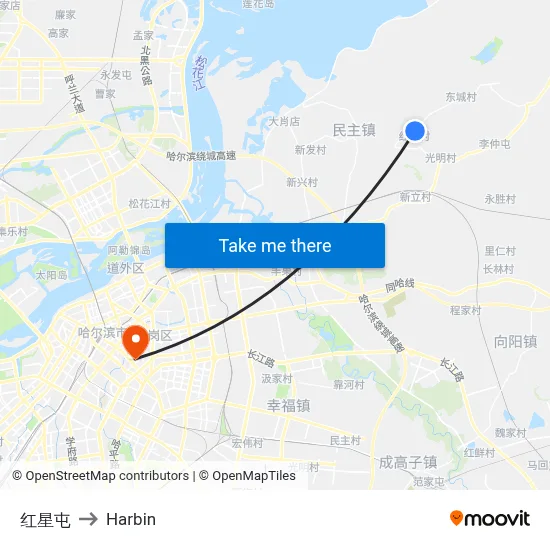 Hongxing Village to Harbin map