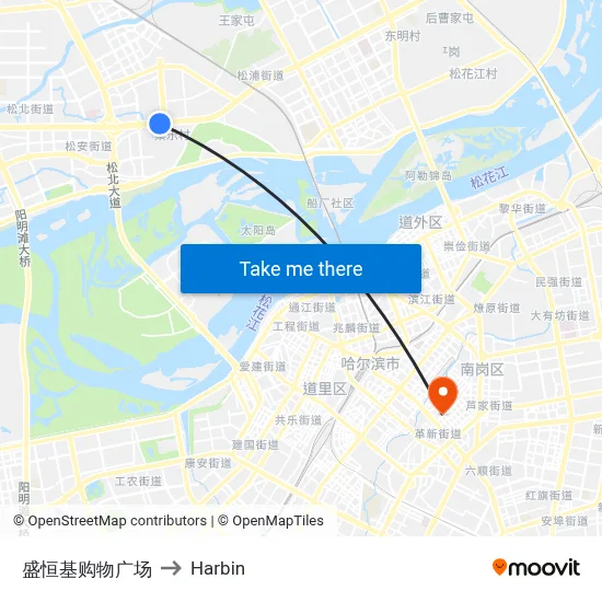 Shengheng Shopping Plaza to Harbin map
