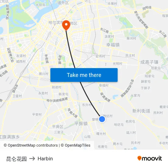 Kunlun Garden to Harbin map