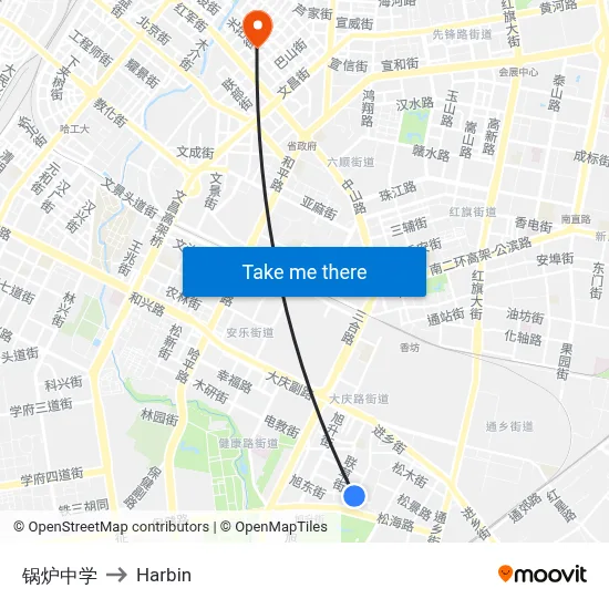 Boiler Middle School to Harbin map