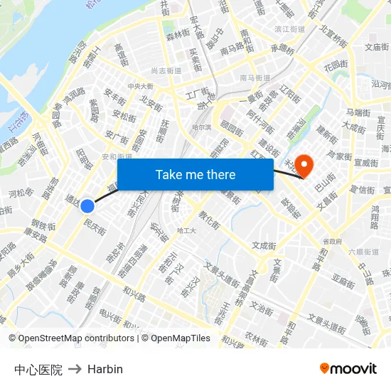 Central Hospital to Harbin map