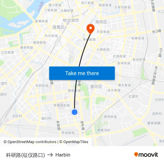 Research Road (Zhengyi Road Junction) to Harbin map