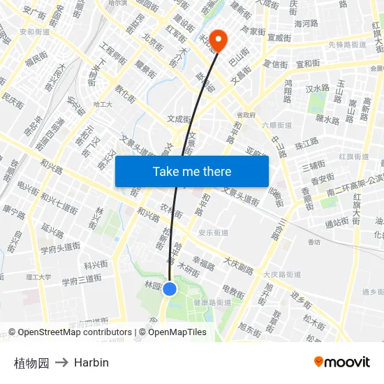 Botanical Garden to Harbin map