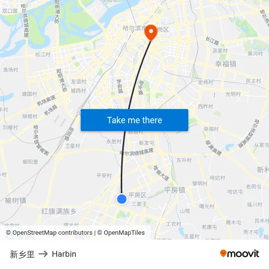 Xinxiang Village to Harbin map