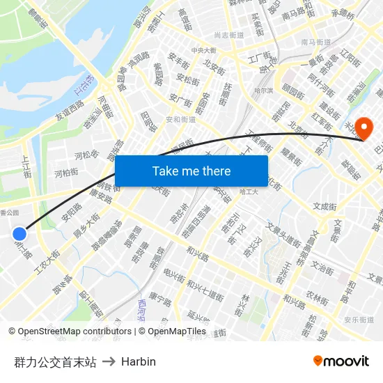Qunli Bus Terminal to Harbin map