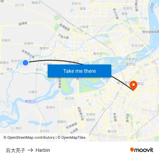 Hou Daliangzi to Harbin map