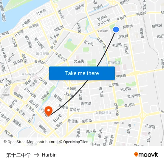 12th Middle School to Harbin map