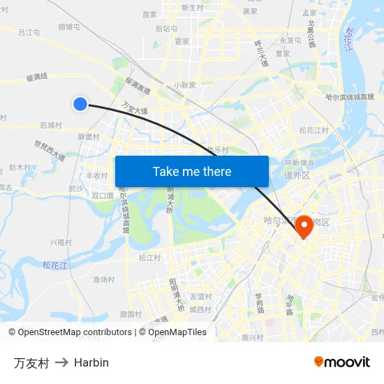 Wanyou Village to Harbin map