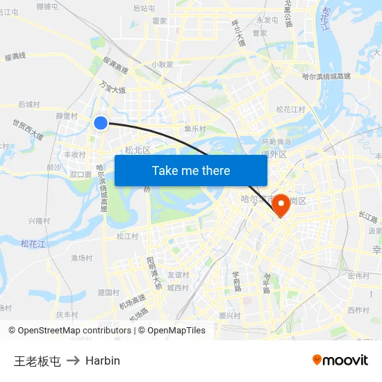 Wang Laoban Village to Harbin map