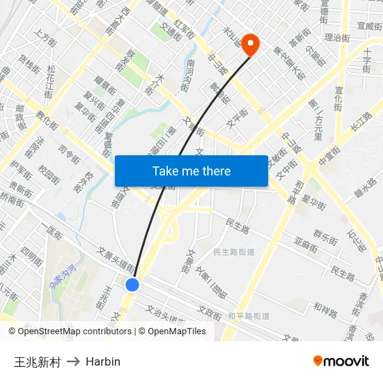 Wangzhaoxin Village to Harbin map