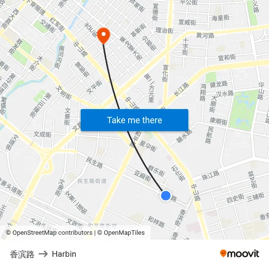 Xiangbin Road to Harbin map