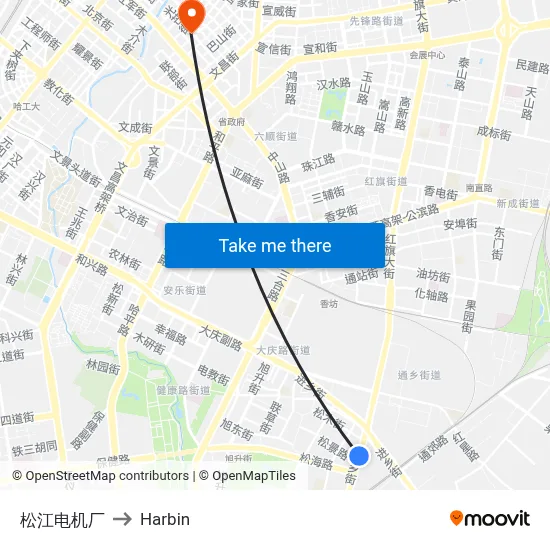 Songjiang Electric Factory to Harbin map