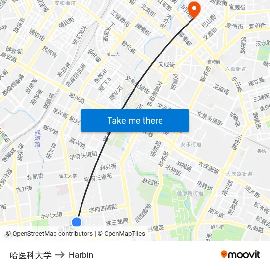 Harbin Medical University to Harbin map