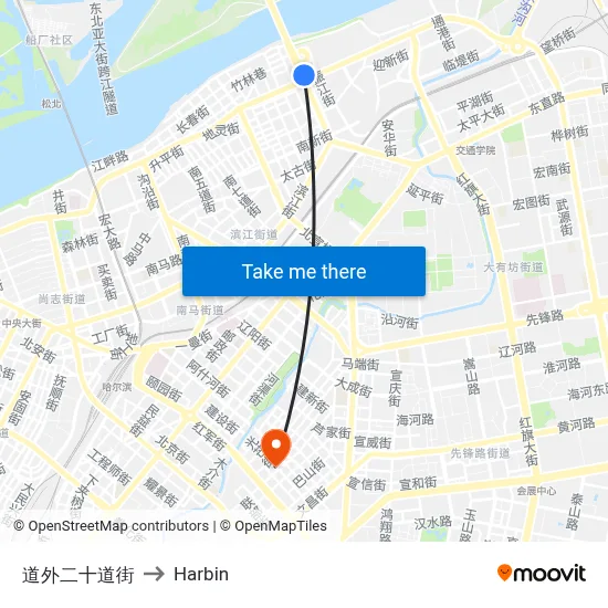 Daowai 20th Street to Harbin map