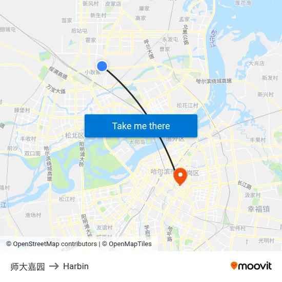 Shida Garden to Harbin map
