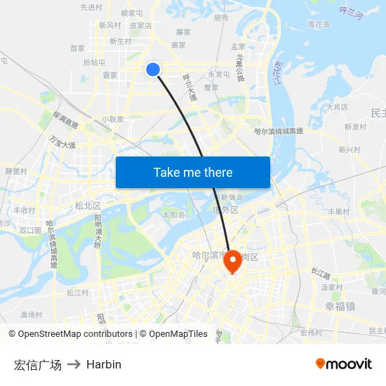 Hongxin Plaza to Harbin map