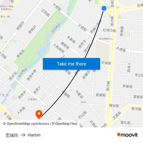 Kuancheng Street to Harbin map