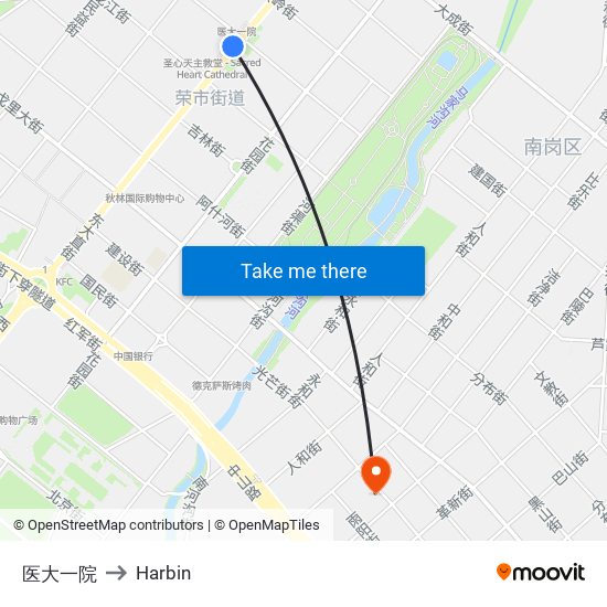 医大一院 to Harbin map