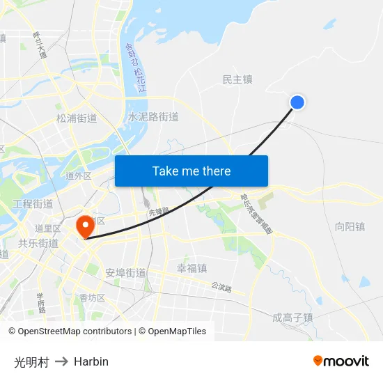 光明村 to Harbin map