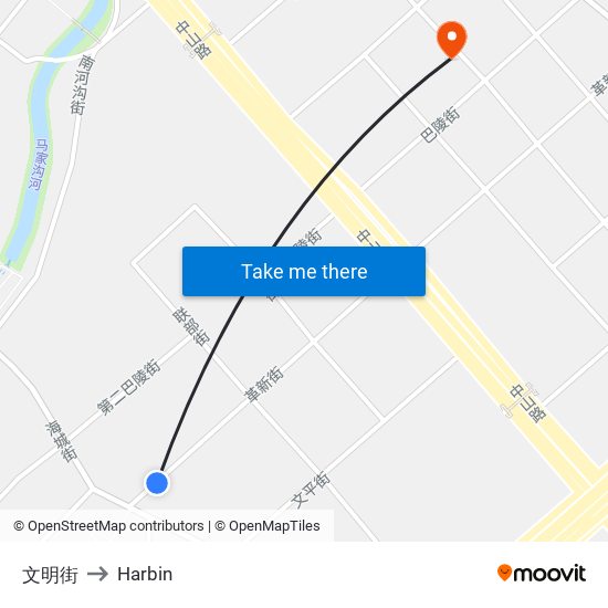 文明街 to Harbin map