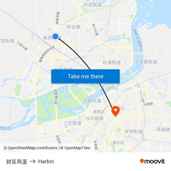 财富商厦 to Harbin map