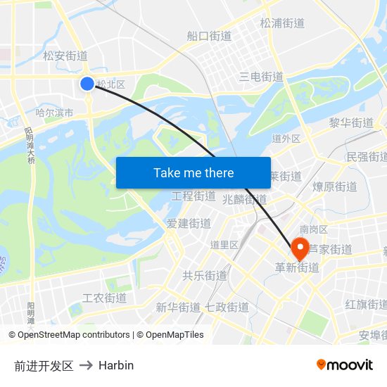 前进开发区 to Harbin map