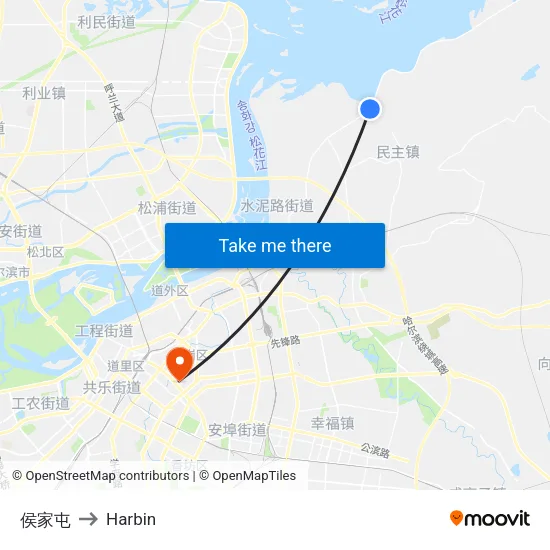 侯家屯 to Harbin map