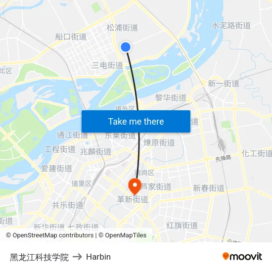 黑龙江科技学院 to Harbin map