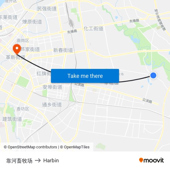 靠河畜牧场 to Harbin map