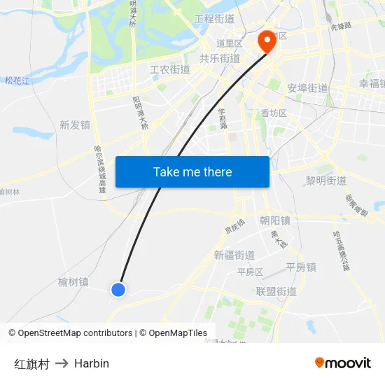 红旗村 to Harbin map