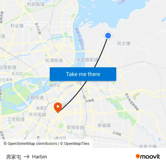席家屯 to Harbin map
