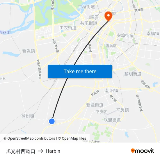 旭光村西道口 to Harbin map