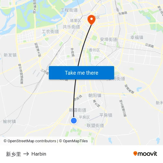 Xinxiang Village to Harbin map