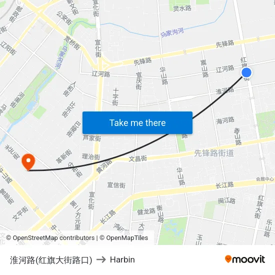 Huaihe Road (Hongqi Street Intersection) to Harbin map