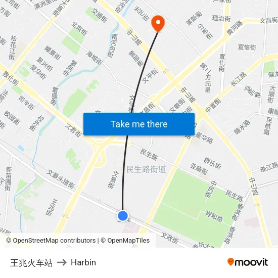 王兆火车站 to Harbin map