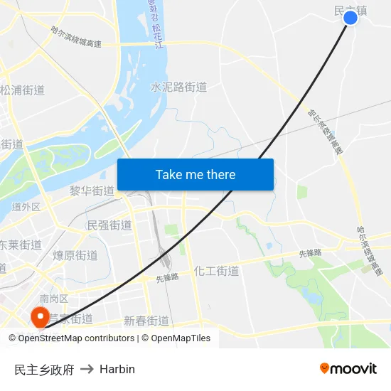 民主乡政府 to Harbin map