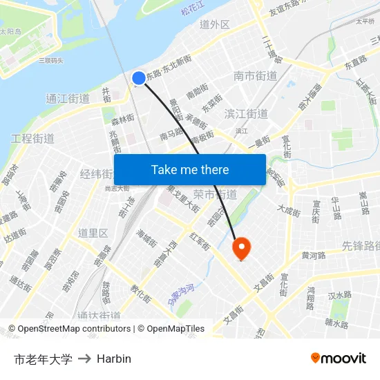 City Senior University to Harbin map