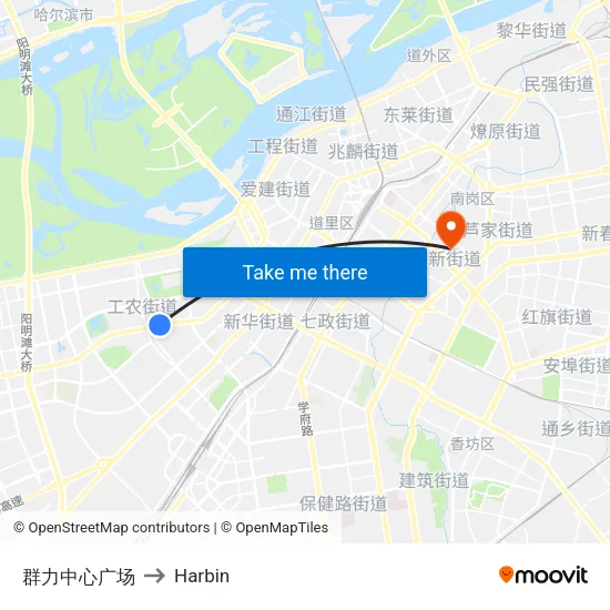 Qunli Central Plaza to Harbin map