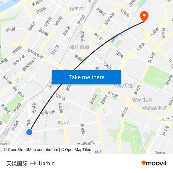 天悦国际 to Harbin map