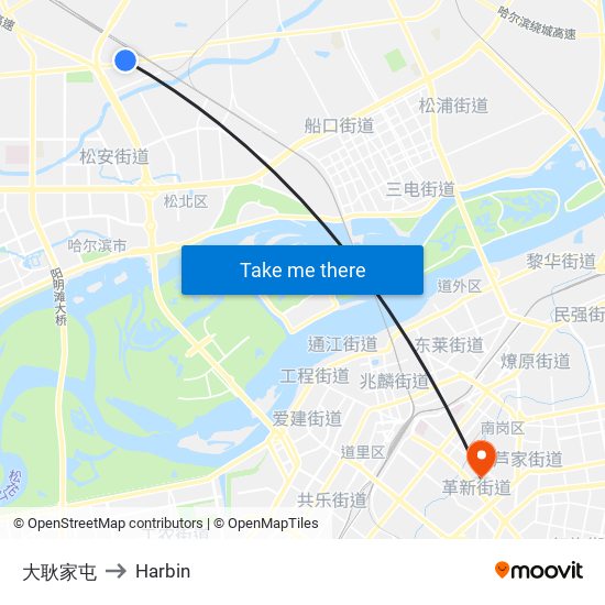 大耿家屯 to Harbin map