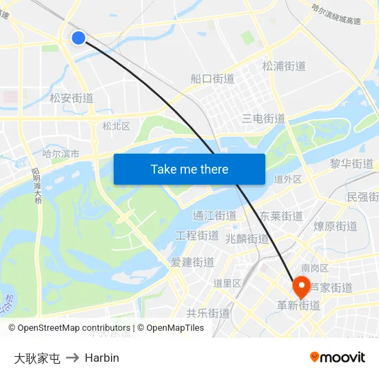 大耿家屯 to Harbin map