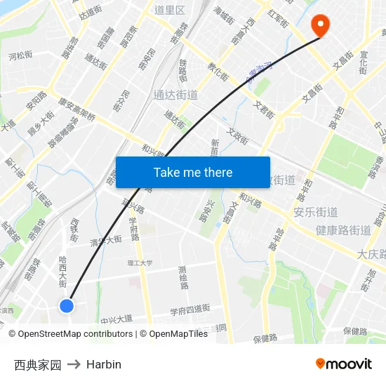 西典家园 to Harbin map