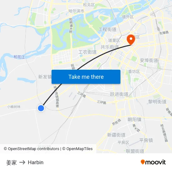 姜家 to Harbin map